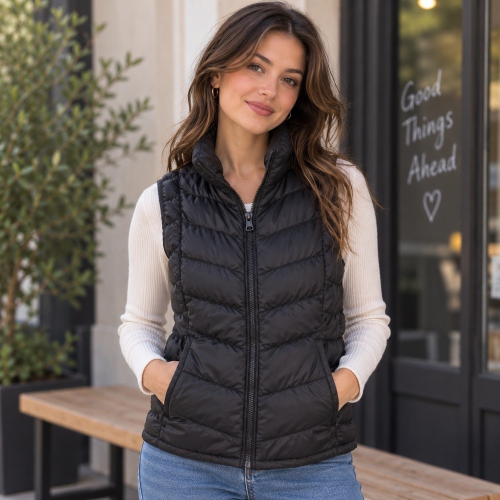 Blanc Noir Women Black Down Puffer Vest Quilted Full Zip TOB220-NR Size L